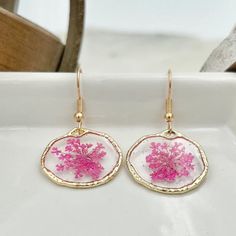 Magenta Queen Annes Lace Earring Flower Gift for Her - Etsy Rose Gold Flower Charm Earrings, Rose Gold Round Flower Charm Earrings, Round Rose Gold Flower Charm Earrings, Hypoallergenic Pink Gold Earrings Gift, Dainty Pink Gold Earrings Gift, Pink Gold Flower Earrings As Gift, Pink Gold Flower Earrings For Gifts, Rose Gold Pressed Flower Earrings, Hypoallergenic Round Rose Gold Flower Earrings