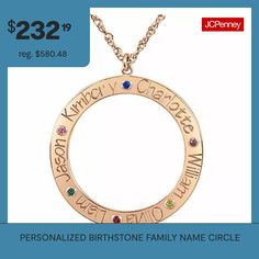 This personalized family pendant necklace is a sentimental, stylish jewelry piece you'll love wearing. Made from Sterling Silver, it features a round cut-out pendant necklace inscribed with every family member name and birthstone. Features: Family Jewelry, PersonalizedJewelry Closure: Spring Ring ClaspLink Construction: SolidStone Cut: RoundMetal Color: RoseChain Length: 18 InchChain Width: 1.25 MillimetersPendant Length: 28mmPendant Width: 28mmChain Construction: RopeMetal: 24k Gold Over Silve… Family Pendant Necklace, Family Pendant, Name Circle, Family Jewelry, Family Jewellery, Circle Pendant Necklace, Circle Pendant, Stylish Jewelry, Family Name