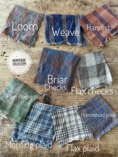 four different types of flannel fabric laid out on a wooden table with text that reads loom weave harvest harvest