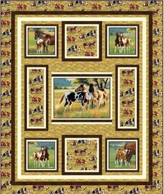 a quilt with pictures of horses and dogs in the grass, on it's border