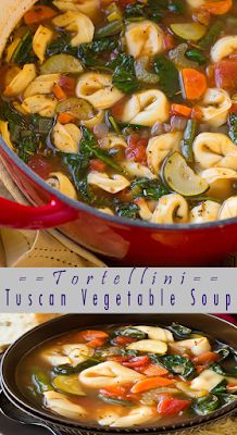 two pictures of pasta and vegetable soup in a pot