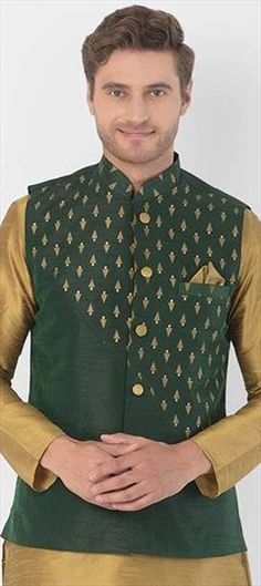 Green color Nehru Jacket in Dupion Silk fabric with Printed work Luxury Silk Nehru Jacket With Traditional Drape, Luxury Pista Green Nehru Jacket For Designer Wear, Luxury Green Nehru Jacket With Mandarin Collar, Luxury Pista Green Fitted Nehru Jacket, Luxury Green Raw Silk Nehru Jacket, Luxury Green Embroidered Nehru Jacket, Green Nehru Jacket With Stand Collar For Festive Occasions, Traditional Green Nehru Jacket For Semi-formal Occasion, Festive Green Nehru Jacket With Stand Collar