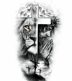 a cross with a lion and jesus on it