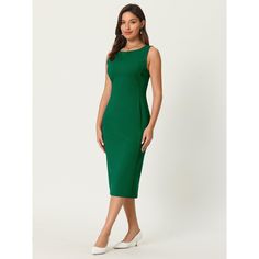 This dress can be a perfect addition to almost any outfit from formal to daily wear, great for work, meeting, office, businesses, work, party, cocktail, wedding, casual, daily dressing, etc. Pair with delicate necklace and heels for a chic office look. Comfortable and classic, this sheath dress is perfect on its own or as a layer under a blazer or jacket. Green Sheath Dress For Office, Green Sheath Dress For Work, Green Sleeveless Sheath Dress For Summer, Non-stretch Green Dress For Workwear, Solid Non-stretch Sheath Dress, Meeting Office, Ribbed Bodycon Midi Dress, Wedding Casual, Womens Office