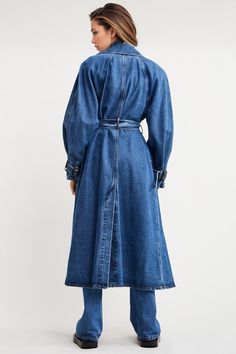 This Denim Trenchcoat with Belt is a stylish outerwear piece that combines the classic design of a trench coat with the casual appeal of denim. The coat is dark blue and features a collar and lapels, giving it a sophisticated look. It comes with a belt that can be tied around the waist, allowing you to adjust the fit to your liking.Fabric: Cotton, Polyester Winter Workwear Medium Wash Denim Jacket, Winter Workwear Denim Jacket In Medium Wash, Medium Wash Denim Jacket For Winter Workwear, Medium Wash Denim Jacket For Work In Winter, Winter Denim Blue Denim Jacket For Work, Fall Utility Denim Blue Outerwear, Winter Denim Jacket For Workwear, Winter Denim Jacket For Work, Winter Workwear Outerwear In Denim Blue