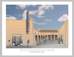 an artist's rendering of the exterior of a hollywood movie theater with people standing outside