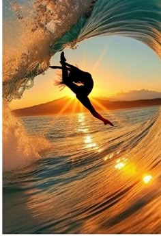 a woman is surfing in the ocean at sunset