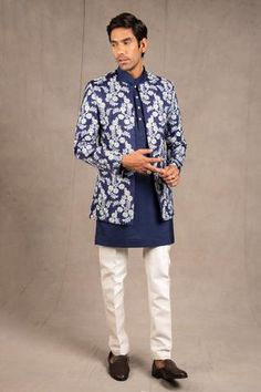 Shop for RNG Safawala Blue Floral Embroidered Jacket And Kurta Set for Men Online at Aza Fashions Fitted Blue Outerwear For Designer Wear, Blue Long Sleeve Bandhgala For Spring, Blue Fitted Outerwear For Designer Wear, Blue Sherwani For Spring Festive Occasions, Blue Sherwani For Spring Festivities, Blue Sherwani For Festive Spring Occasions, Fitted Blue Outerwear For Festive Season, Kurta Set For Men, Open Jacket