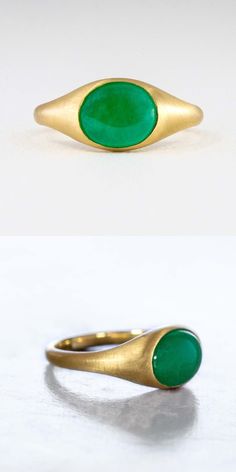 A smooth and plump lively green cabochon (polished but unfaceted) sits at the center of this glowing recycled raw finished 18k gold signet ring. Low profile and securely bezel set this ring is easy to wear. Imagined as a self-purchase or truly unique engagement band this ring can be worn on any finger you would like. As with all S. Kind & Co. rings, sizing is complimentary before shipment (takes about 7 days). Modern Yellow Gold Signet Ring With Cabochon, Green Emerald Ring With Oval Cabochon Bezel Setting, Yellow Gold Emerald Chrysoprase Cabochon Ring, Green Domed Jewelry With Polished Finish, Yellow Gold Chrysoprase Cabochon Ring, Classic Green Jewelry With Smooth Bezel, Classic Green Open Signet Ring, Modern Green Oval Cabochon Jewelry, Green Signet Ring With Oval Cabochon Gemstone