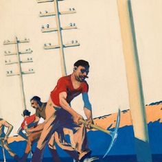 a painting of men working on the beach with surfboards and poles in front of them