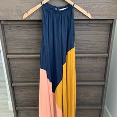 Navy, Golden, And Blush Cinched Neckline Sleeveless Dress. Runs Large. Never Worn. Summer Sleeveless Color Block Maxi Dress, Sleeveless Color Block Summer Maxi Dress, Sleeveless Color Block Maxi Dress For Summer, Summer Color Block Maxi Dress, Summer Sleeveless Color Block Dress, Multicolor Sleeveless Color Block Maxi Dress, Blue Sleeveless Color Block Maxi Dress, Blue Color Block Summer Dress, Spring Color Block Sleeveless Beach Dress