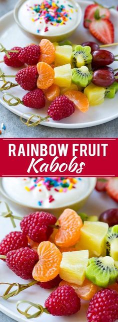 rainbow fruit kabobs on white plates with colorful sprinkles and strawberries