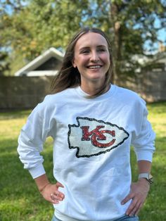 Kansas City Chiefs Sweatshirt with Faux Sequin Logo Patch on Front of Sweatshirt. Very Comfy and ready to wear anytime!!!! Chiefs Sweatshirt, Patch Sweatshirt, Sequin Patch, Kansas City Chiefs, Large White, Team Colors, Kansas City, Sports Women, Patch Logo