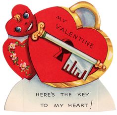 there's the key to my heart valentine card with an image of a red heart holding a golden key