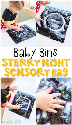 a collage of photos showing how to make starry night sensory bag for toddlers