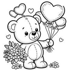 a teddy bear holding flowers and balloons with hearts on the back, coloring pages for kids