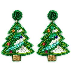 Handmade beaded Christmas tree earrings Green White Christmas Tree, Beaded Christmas Tree Earrings, Beaded Christmas Earrings, Green White Christmas, Beaded Christmas Tree, Giveaway Gifts, Earring Storage, Tree Earrings, Holiday Earrings