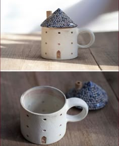 two mugs that have been made to look like they are in the shape of houses