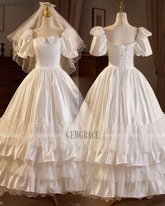 10% off now|Free shipping world-wide. Romantic Retro Lace Satin Ballgown Wedding Dress with Bubble Sleeves at GemGrace. Click to learn our pro custom-made service for wedding dress, formal dress. View #BallGownWeddingDresses for more ideas. Satin Ball Gown With Ruffles For Wedding, Wedding Satin Ball Gown With Ruffles, Victorian Satin Dress With Ruffles For Wedding, Wedding Victorian Dress With Fitted Satin Bodice, Satin Victorian Ball Gown For Wedding, Satin Ballgown Wedding Dress, Satin Ballgown Wedding Dresses, Satin Ballgown, Delicate Gown