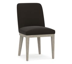 an upholstered chair with a black seat and wooden legs, viewed from the front