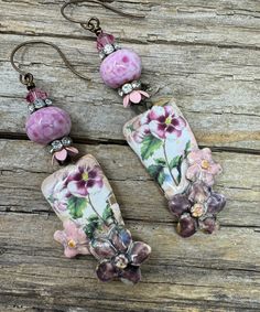 Floral Earrings, Ceramic Earrings, Boho Hippie Earrings, Artisan Made, OOAK Artistic Pink Flower Jewelry, Bohemian Pink Hand Painted Earrings, Artistic Pink Dangle Jewelry, Artistic Pink Drop Earrings, Artistic Handmade Pink Earrings, Artistic Flower-shaped Earrings With Ear Wire, Bohemian Hand Painted Flower Earrings, Artistic Pink Dangle Earrings, Artisan Pink Drop Earrings