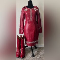 Beautiful Outfit Made By Riding High Usa. Deep Red Leather, With Rhinestone Accents And Fringe. Comes With Matching Belt And Boots. Made For A Rodeo Queen But Never Worn. Rodeo Queen Clothes Dresses, Rodeo Queen Clothes, Queen Clothes, Queen Dresses, Rodeo Queen, Leather Outfit, Deep Red, Rodeo, Beautiful Outfits