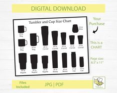 a poster with the instructions for how to use tumbler and cup size chart on it