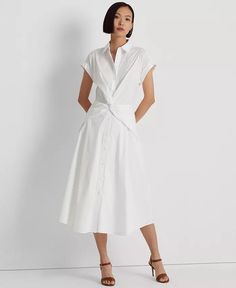 Lauren Ralph Lauren - Women's Twist-Front Cotton-Blend Shirtdress Elegant Button-up Dress With Cuffed Sleeves, Chic Short Sleeve Midi Dress For Daywear, Office Shirt Dress With Short Sleeves And Button Closure, White Short Sleeve Shirt Dress For Work, Elegant Short Sleeve Midi Dress For Daywear, Classic Summer Shirt Dress With Spread Collar, Classic Spread Collar Shirt Dress For Summer, Classic Shirt Dress With Spread Collar For Summer, Classic Short Sleeve Dress With Button Cuffs