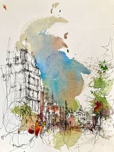 an artistic drawing of buildings and trees on a white paper with blue, green, yellow and red ink