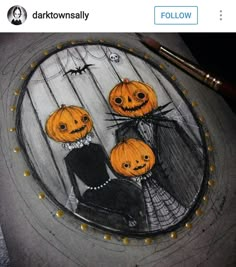 a drawing of three jack - o'- lantern pumpkins in a round frame