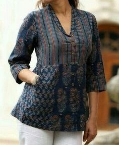 V Neck Kurthi Models Latest, Kurti Ideas, Short Kurtis, Lapel Top