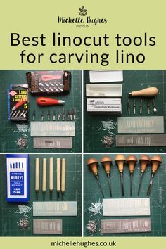 various tools are shown on the table with text that reads best inout tools for carving lino