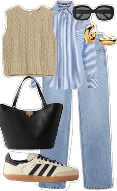 Shirt And Jeans Outfit, Striped Shirt Outfit, Looks Adidas, Pool Outfits, Samba Outfit, Mode Tips, Spring Capsule, Casual Day Outfits, Looks Street Style