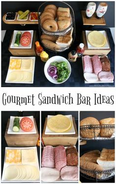 a collage of pictures showing different types of sandwiches and breads on trays, with the words gourmet sandwich bar ideas