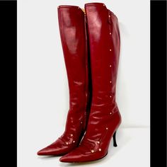 Good Condition, Luxury Burgundy-Red Italian Boots. Size 36 1/2, About A Us Size 6. Formal Fitted Heeled Boots With Red Sole, Red Fitted Elegant Boots, Fitted Red Elegant Boots, Elegant Fitted Red Boots, Designer Red Pointed Toe Boots, Designer Red Boots With Pointed Toe, Red Pointed Toe Boots For Formal Occasions, Luxury Red Heeled Boots For Fall, Luxury Red Boots For Fall