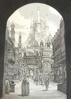 a drawing of a city street with people walking around and buildings in the back ground