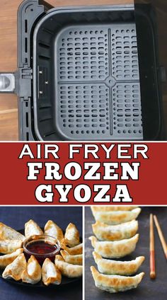 air fryer frozen gyoza with text overlay