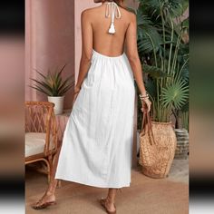 Nwot Vcay Sleeveless Long Dress With Tassel, Open Back & Halter Tie, L (8-10), White Nwot, Brand New, Never Worn!!! A Trip To The Pool Or Beach Isn't Complete Without This White Swim Cover-Up Dress! This 100% Cotton Gauzy, Crinkle-Woven Swim Cover-Up Is Perfect For Pulling On Over Your Swimsuit And Hitting The Town. This Backless Dress Has Tasseled Ties Above A Midi Skirt With Side Slits. - L (8-10) - White - Boho - A Line - Cami - Backless - Halter - Sleeveless - Midi - 100% Cotton - Machine Wa Sleeveless Tie Back Halter Dress For Beach Season, White Halter Neck Dress For Summer, Beach Sleeveless Halter Dress With Tie Back, Beach Sleeveless Tie-back Halter Dress, Sleeveless Tie Back Halter Dress For Beach, Sleeveless Halter Dress With Tie Back For Beach, Cotton Halter Neck Sundress With Tie Back, Sleeveless Cotton Sundress For Beach Season, Vacation Backless Cotton Dresses