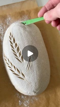 a person is using a green toothbrush to paint a rock with leaves on it