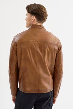 Lucio Lambskin Leather Jacket- Cognac - Lansky Bros. Flare Jeans Shoes, Lined Leather Jacket, Maxi Jumpsuit, Lambskin Leather Jacket, Retro Shirts, Shoes With Jeans, Every Man, Knit Tees, Knitted Tshirt