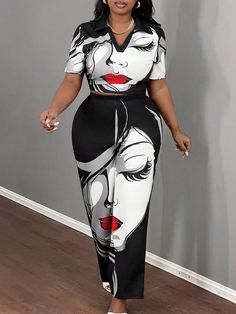 2pcs/Set Plus Size Casual Street Style Polo Collar Short Sleeve Graphic Printed Slim Fit Outfit Black and White Casual    Colorblock,Figure,Graphic  Medium Stretch  Women Plus Clothing, size features are:Bust: ,Length: ,Sleeve Length: Elegant Dresses Long, Women Midi, Camisa Polo, Inspiration Mode, Casual Street Style, Plus Size Casual, Polo Collar, White Casual, Kids Beachwear