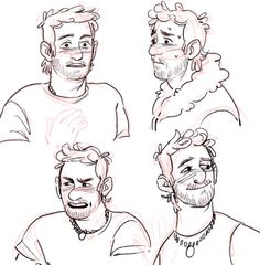 three men with different facial expressions are shown in this sketching technique, one is looking at the camera and the other has his eyes closed