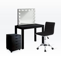 a vanity table with stool, mirror and lights