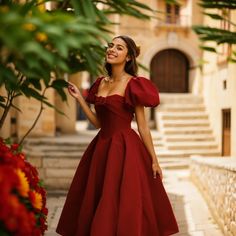 Lasaky - Red Formal Dress with Square Neckline, Cinched Waist, Puff Sleeves, and Voluminous Skirt - Elegant Formal Attire Red Dress Formal, Dress With Square Neckline, Red Holiday Dress, Voluminous Skirt, Wine Dress, Skirt Elegant, Bachelorette Party Outfit, Princess Skirt, Dress Sleeve Length