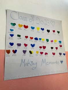 a bulletin board with hearts on it and the words class of 2097 making memories