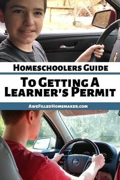 a young boy driving a car with the text homeschoolers guide to getting a learner's permit