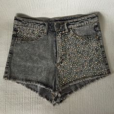 H&M Studded High Waisted Denim Shorts. Size 4. New With Tags. Darker Denim Wash Under An Acid Wash. Crystals In An Iridescent Rainbow, Rose Gold, Smoke Blue, And Pale Green Cover The Left Front Side And Right Upper Pocket. Cheeky Fit. Fits Like A 2/ Small 4. Dark Wash Mid-rise Bottoms For Night Out, Dark Wash High Rise Bottoms For Night Out, Stretch Medium Wash Bottoms For Night Out, Trendy High Waist Washed Bottoms, Dark Wash Denim Bottoms For Night Out, Dark Wash Bottoms For Night Out In Spring, Fitted Short Jeans For Night Out, Mid-rise Denim Blue Bottoms For Night Out, High Rise Stretch Jean Shorts For Night Out