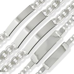 925 STERLING SILVER IDENTITY LINK BRACELETSVARIETY OF STYLES AND SIZES6.5" ( 17.0 CM ) FIGARO ID 3.0MM 3.1 GRAMS 907313 7.5" ( 19.0 CM ) CURB ID 4.5MM 7.5 GRAMS 9073127.5" ( 19.0 CM ) FIGARO ID 4.6MM 7.6 GRAMS 907314 8.5" ( 21.6 CM ) CURB ID 7.0MM 16.8 GRAMS 9082028.5" ( 22.0 CM ) CURB ID 5.5MM 13.8 GRAMS 908209FREE ENGRAVINGAPPROX 10 CHARACTERS ON FRONT OF ID PLATE PLEASE PUT ENGRAVING REQUEST IN THE PERSONALISATION BOX PROVIDEDFONT STYLES AS SHOWN BABY SCRIPT TRAJAN PRO OR VANESSAIMPORTED BY C Id Identity, Necklace Gift Box, Long Tassel Necklace, Medical Bracelet, Ladies Gents, Metal Engraving, Id Bracelets, Engraved Bracelet, Agate Jewelry