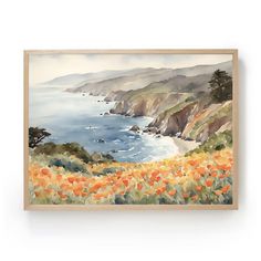 a watercolor painting of an ocean view with poppies