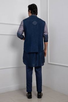 Blue Nehru jacket with thread work and beads embroidery. - Aza Fashions Blue Cotton Bandhgala With Zari Work, Blue Chanderi Nehru Jacket For Designer Wear, Cotton Nehru Jacket With Intricate Embroidery For Eid, Blue Cotton Nehru Jacket For Festive Occasions, Eid Nehru Jacket With Embroidered Sleeves, Blue Embroidered Nehru Jacket For Festive Occasions, Embroidered Blue Nehru Jacket For Diwali, Blue Cotton Nehru Jacket With Zari Work, Blue Nehru Jacket With Intricate Embroidery For Diwali